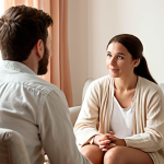 A person sitting comfortably in a brightly lit room, talking to a therapist. The scene emphasizes openness and trust. Soft colors and a welcoming atmosphere. The therapist is empathetic and engaged.
